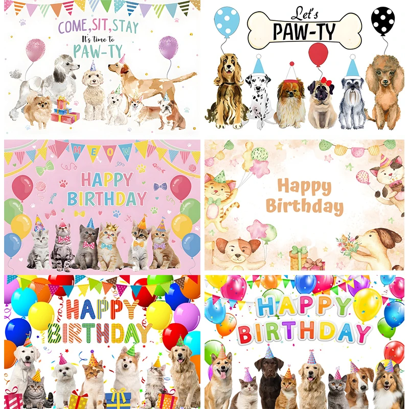 

Let's Paw-ty Backdrop Cute Cartoon Dogs Cats Happy Birthday Party Girls Boys Pink Puppy Pet Decorations Photo Background Banner