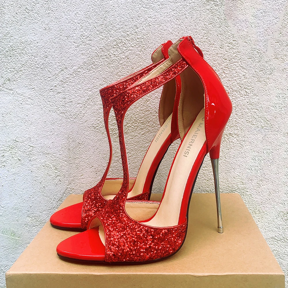 16cm Thin High Heels Bling Bling Sandals Sexy Red Pumps Slip On Runway Cross Dresser Fetish Night Club Party Man Unisex Shoes