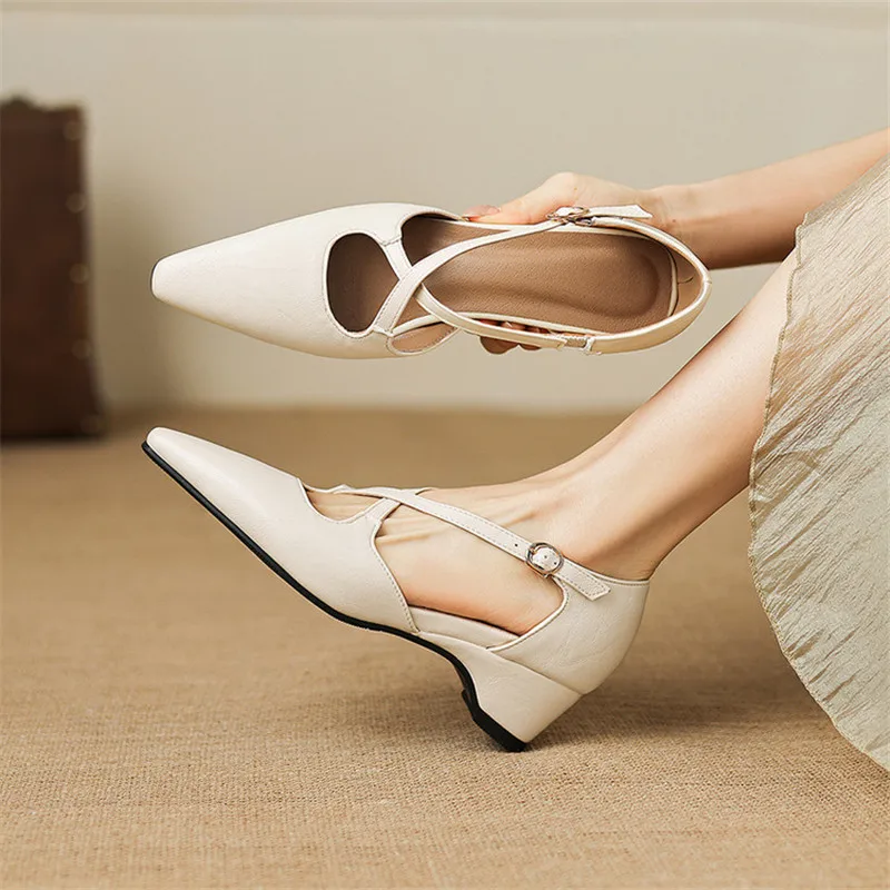 

New Summer Sandals Women Shoes Pointed Toe Shoes for Women Fashion Sandals Handmade Chunky Heel Mid Heels Roman Sandals Shoes