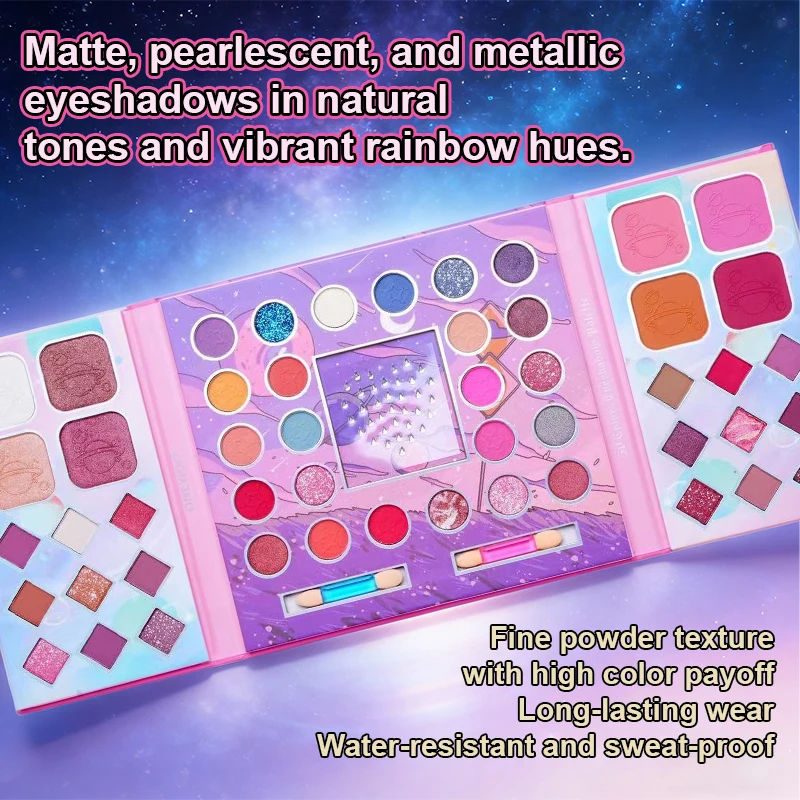 Paleta do makijażu w stylu kreskówkowym: Wielofunkcyjny zestaw do makijażu z brokatowymi i matowymi cieniami do powiek z diamentowymi zdobieniami dla trendsetterów.