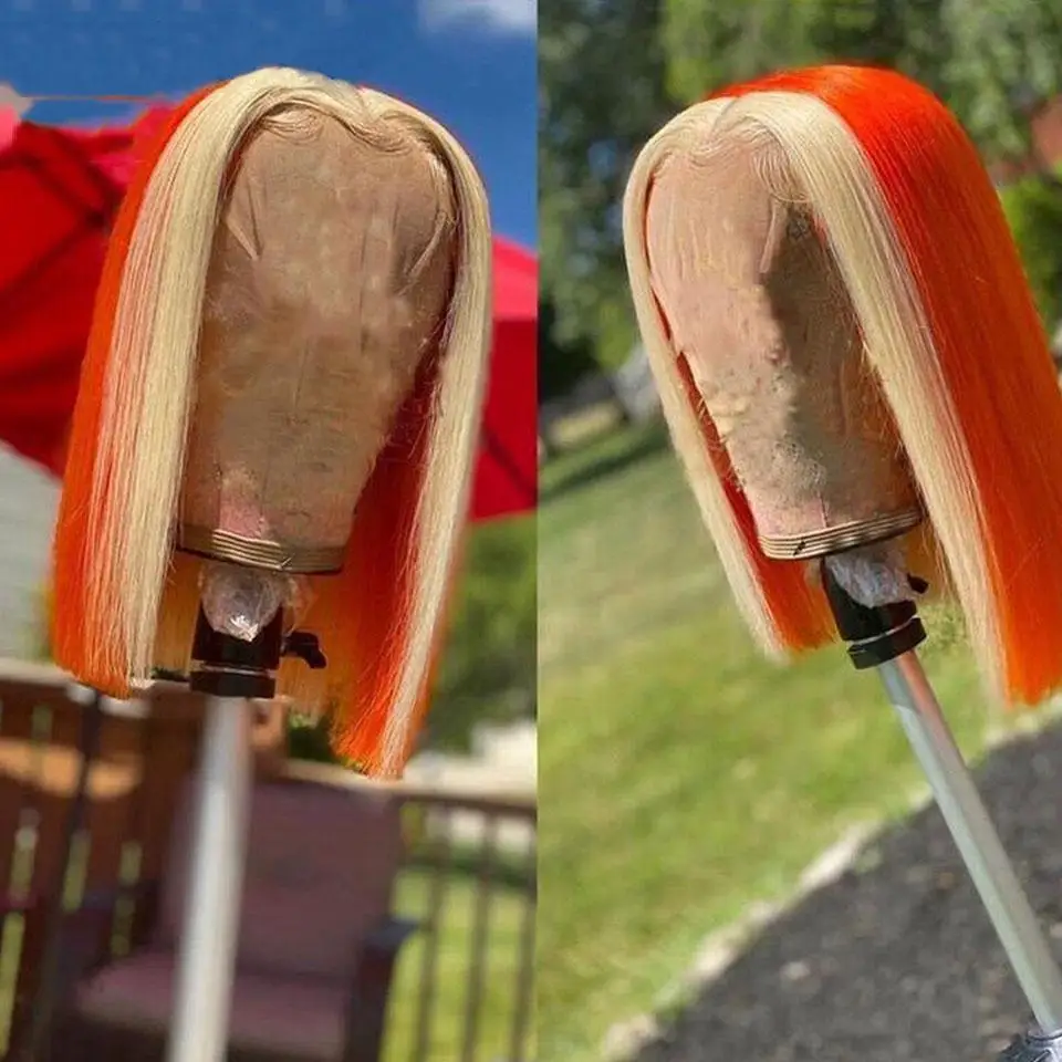 

Парик в полоску, с изображением апельсинового имбиря, с блестящей подсветкой, парик из человеческих волос, Имбирные кружевные передние парики из человеческих волос, парик без клея, короткий парик