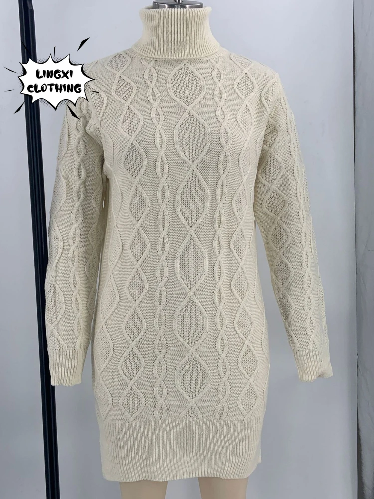 2023 Autumn and Winter New Women\'s Knitted Wrap Hip Skirt High Neck Warm and Thickened Elegant Knitted Sweater Long Sleeve Dress