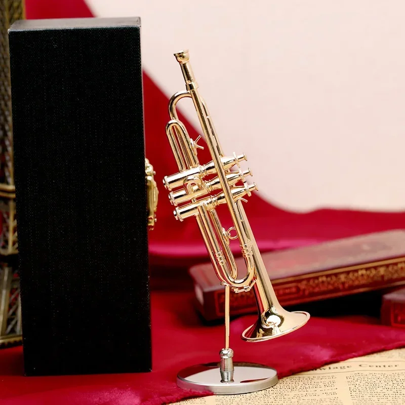 Copper gold-plated Musical Instruments Collection Decorative Ornaments Mini trumpet With Support Miniature Model Decoration Gift