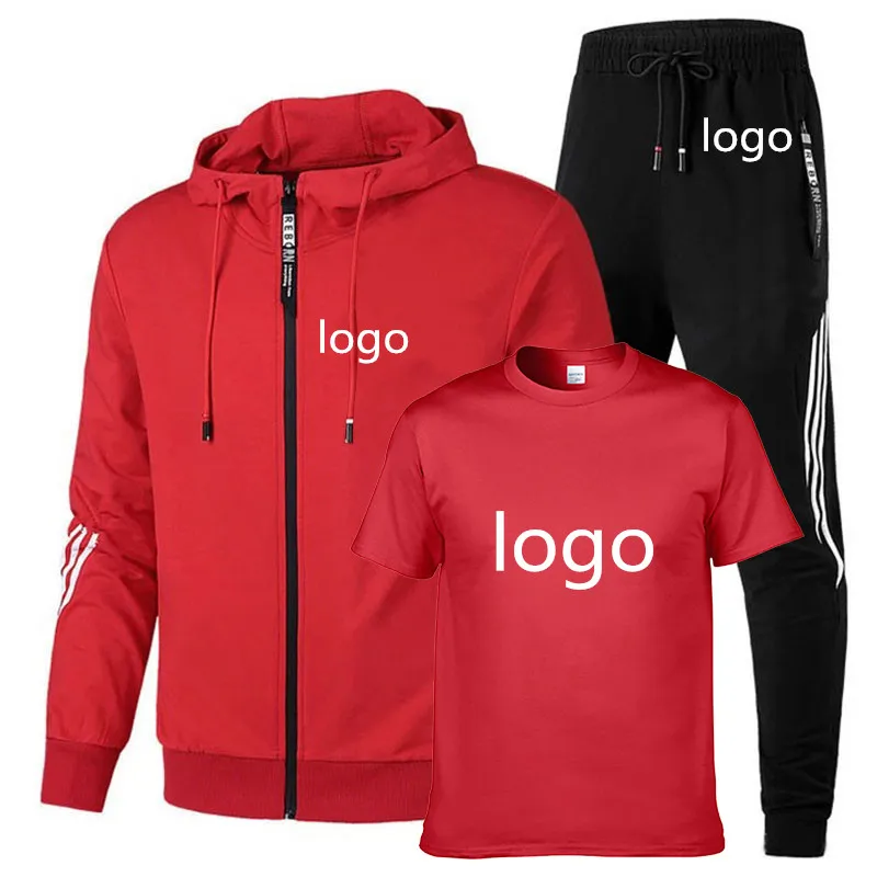 Men's jackets Custom logo high quality cotton Solid color trend stripe Men's sweatshirt+T-shirt+sports pants 3-piece set