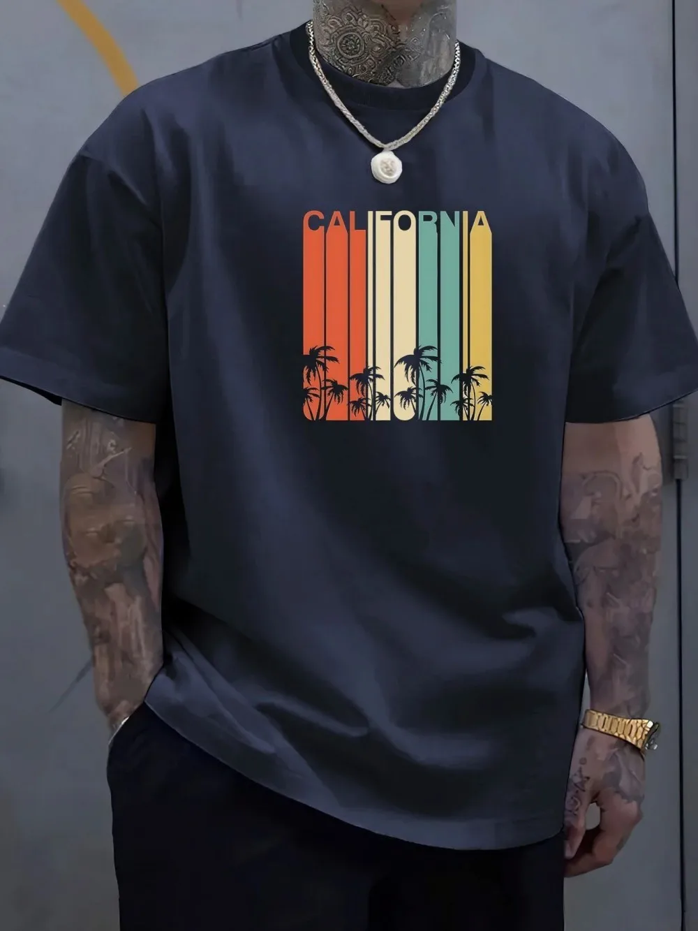 European and American men's summer California striped landscape print soft and breathable round neck T-shirt outdoor casual top