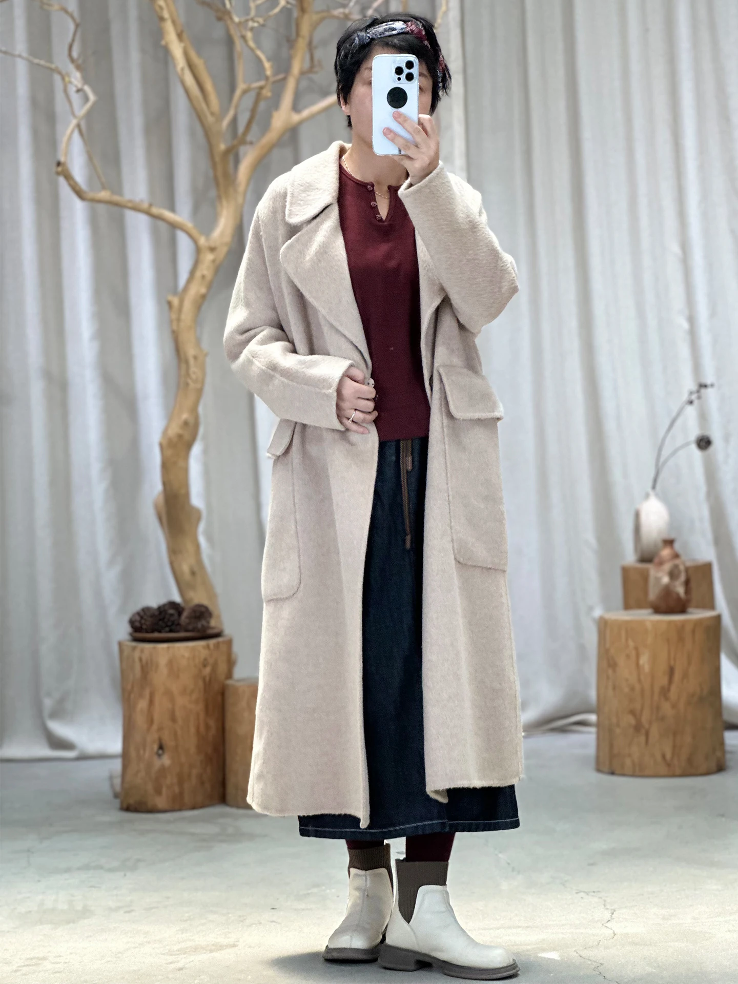 

Двустороннее шерстяное пальто Ele для женщин, зимнее, модное, свободного кроя, шерстяная верхняя одежда, стильный дизайн для повседневной носки, удлиненное