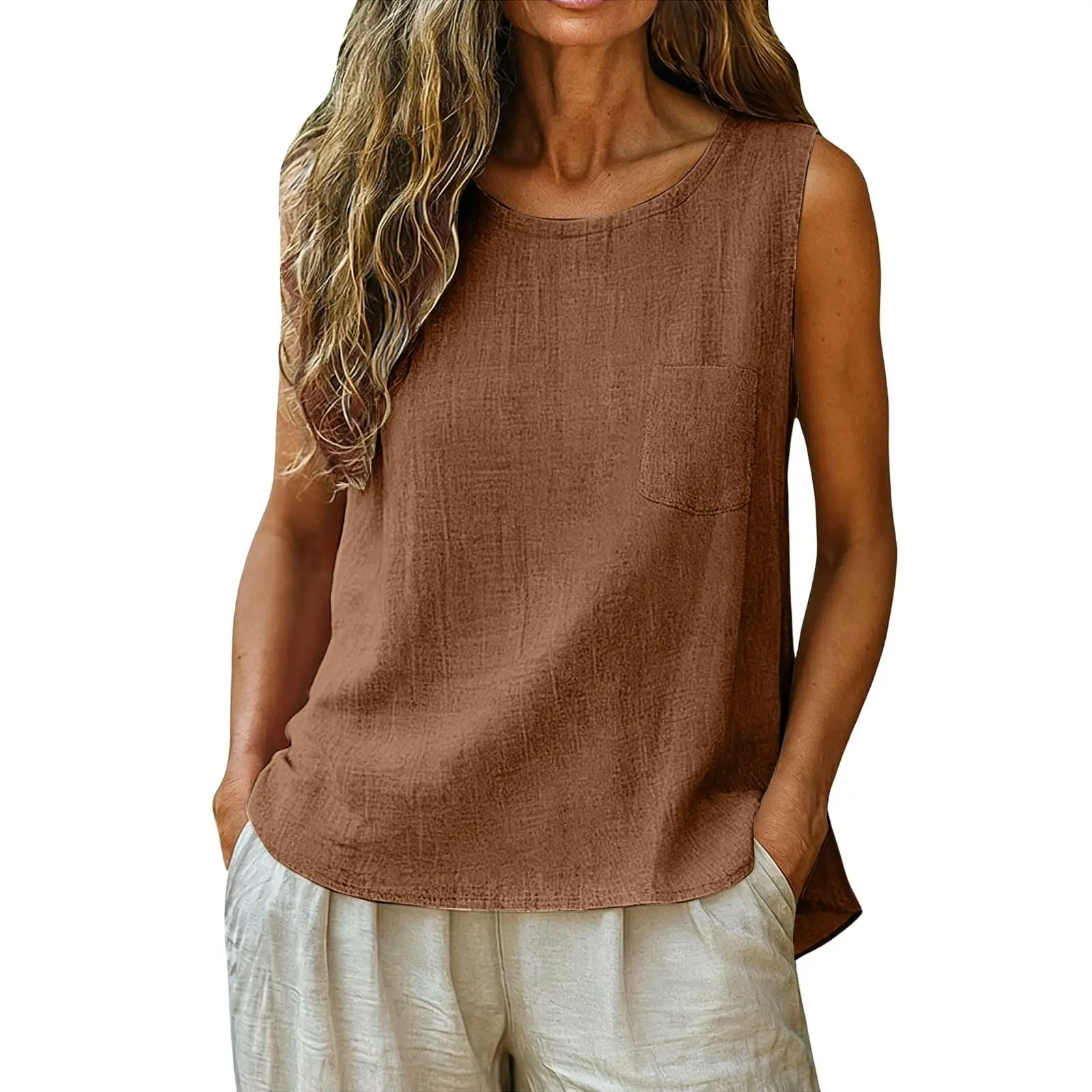 Lady Fashion Loose Casual Round-Neck Sleeveless Top Solid Breathable Sleeveless T-Shirt with Pockets Basic Daily Comfy Tank Top
