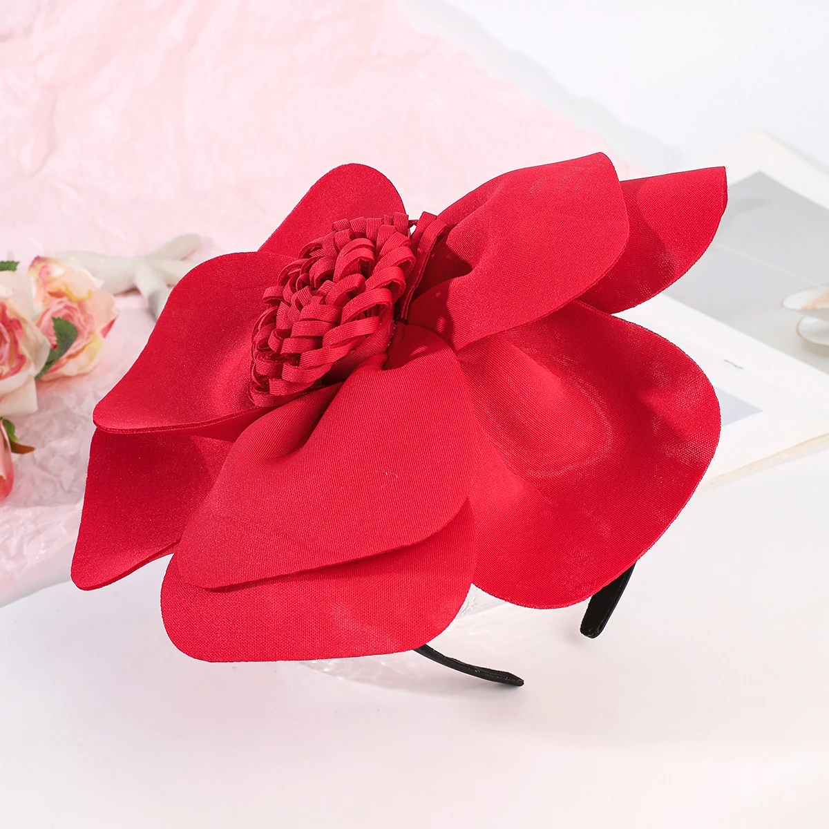 

Большая повязка на голову с цветами для девочек, однотонная, ручной работы, с искусственными цветами, обруч для волос, аксессуар для праздничных причесок