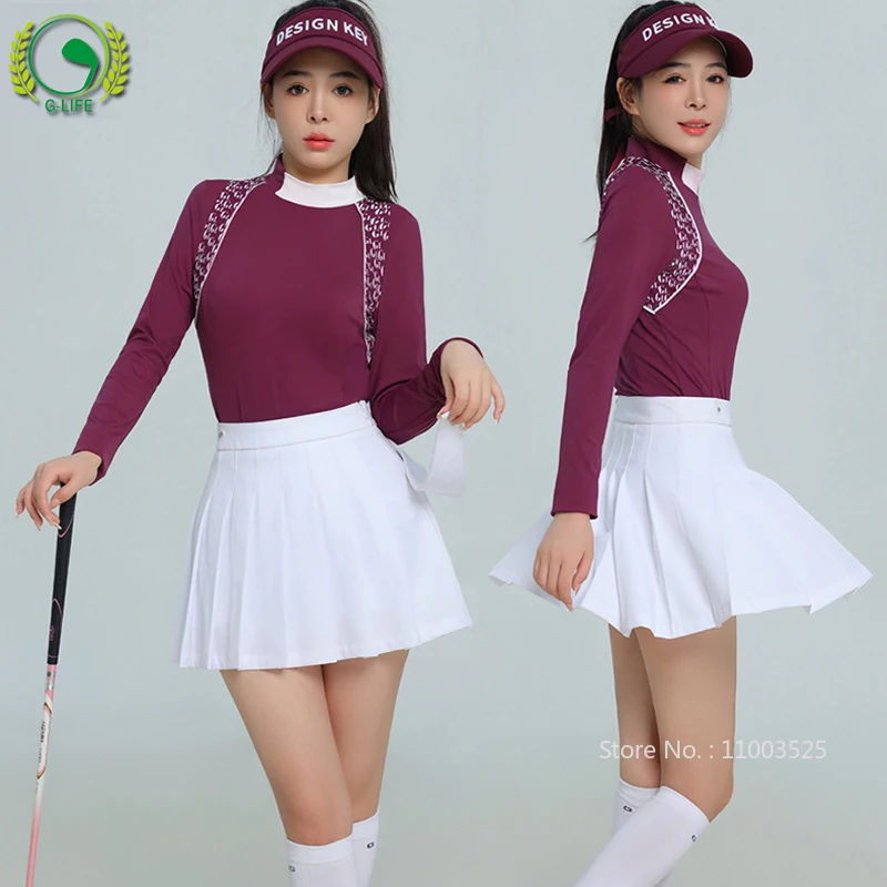 G-LIFE Golf Women Autumn New T-shirt Pleated Skirt Quick-drying Long-sleeved Sports Top Stand Collar Jersey Tennis Golf Skorts