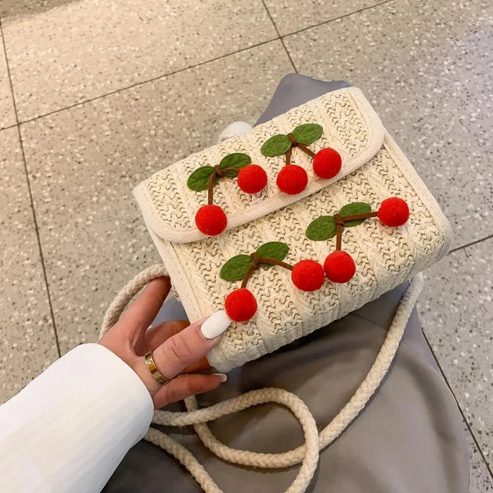 

Ladies' Vintage Woven Bag, Cherry Crossbody Bag, Summer Handmade Rattan Small Square Bag, Beach Crossbody Bag, Mouth-red Bag