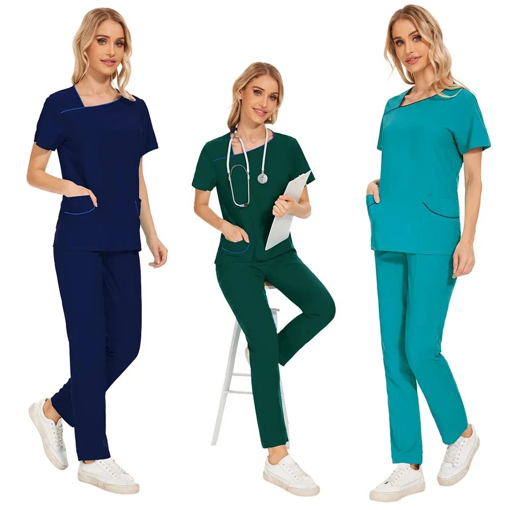 

Nurse Uniform Workwear Women Short Sleeve V-neck Solid Color Medical Nursing Blouse Working Uniforms Carer Overalls Scrubs Set