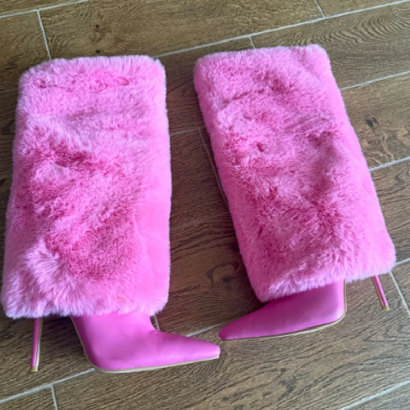 

Розовые меховые сапоги без шнуровки с острым носком, женские зимние сапоги до колена, 2026, белые ботинки на шпильке, женская обувь на каблуке 11,5 см