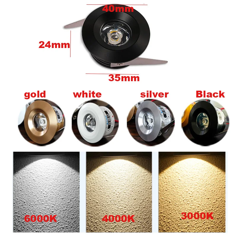 Silvery/Black/White/Golden Mini LED Downlights 1W 3W 85V-265V 35mm Jewelry Display Ceiling Recessed Cabinet Spot Lamp DC12v 24V