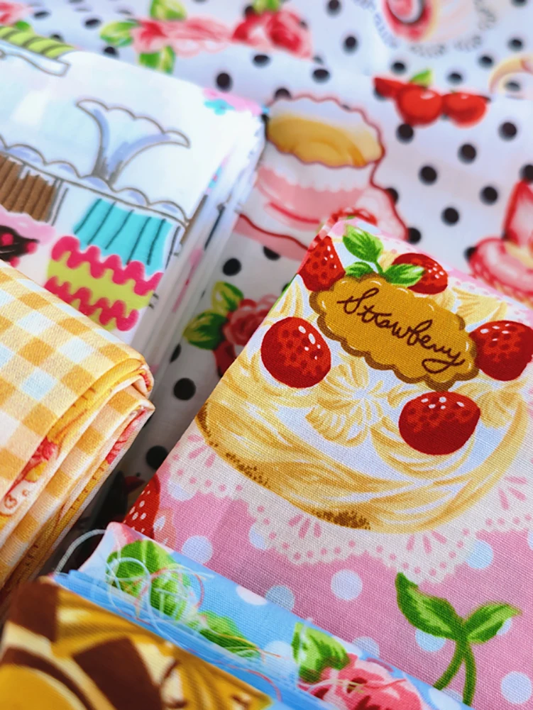 Dessert Cake Printed Plaid Fabric 100% Cotton for DIY Handmade for Sewing by Half Meter