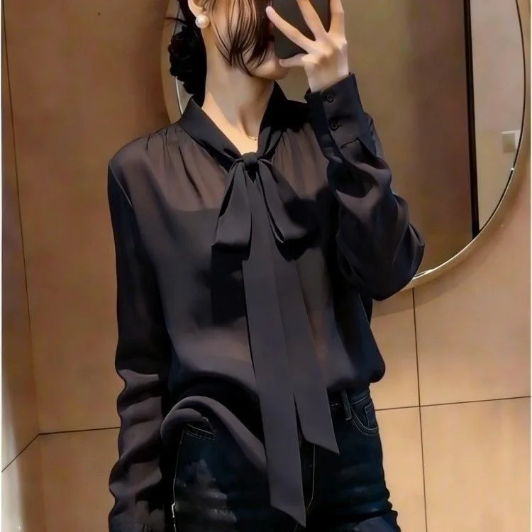 

Elegant Black Chiffon Shirt with Knot Sash Long Sleeve Women's Spring Design Commute Style Loose Fit V-Neck Polyester