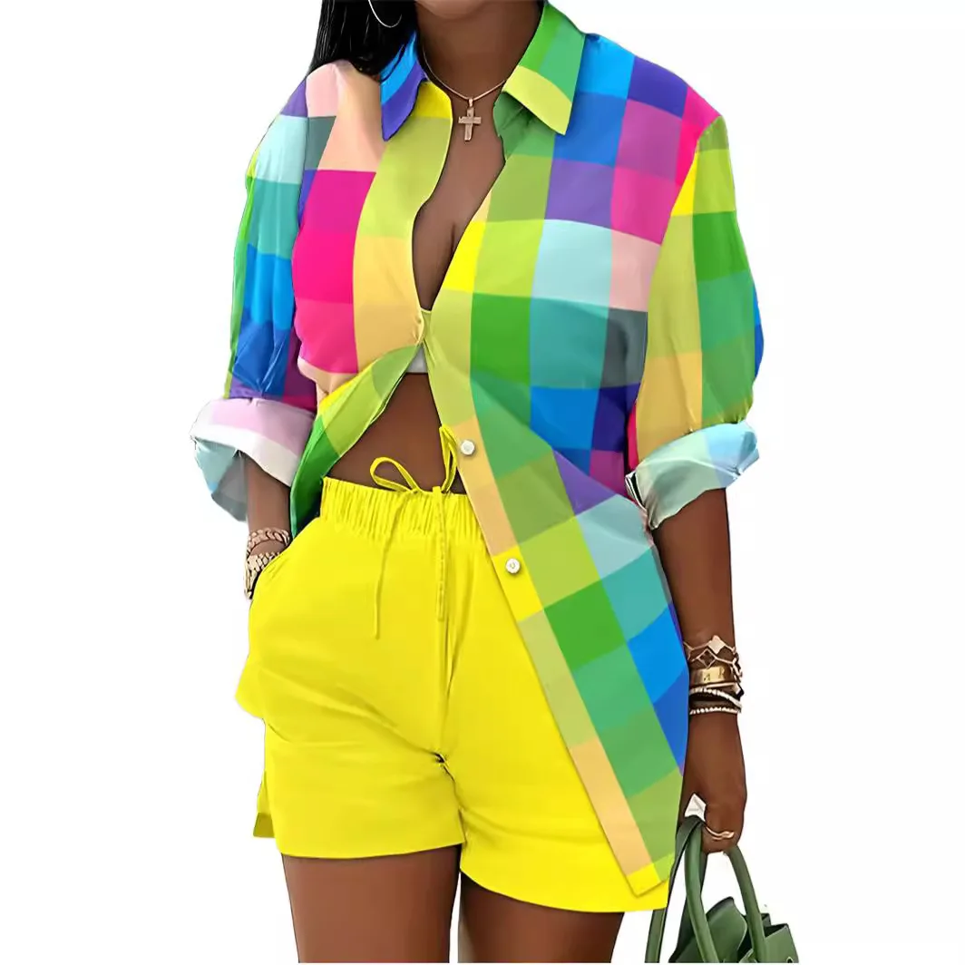 

Шорты, костюм, женский комплект из 2 предметов, рубашка с принтом, короткие брюки, летняя одежда 2025 года, верхняя рубашка, однобортный комплект на шнуровке, офисный женский ансамбль