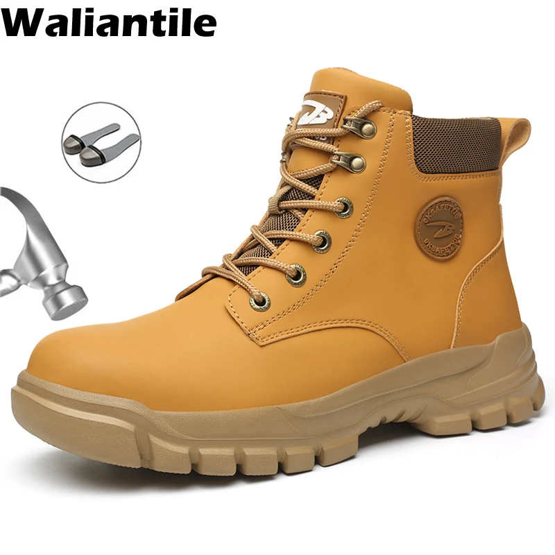 

Waliantile Fashion Men safety Boots For Outdoor Industrial Working shoes Puncture Proof Steel Toe Indestructible Work Boots Male