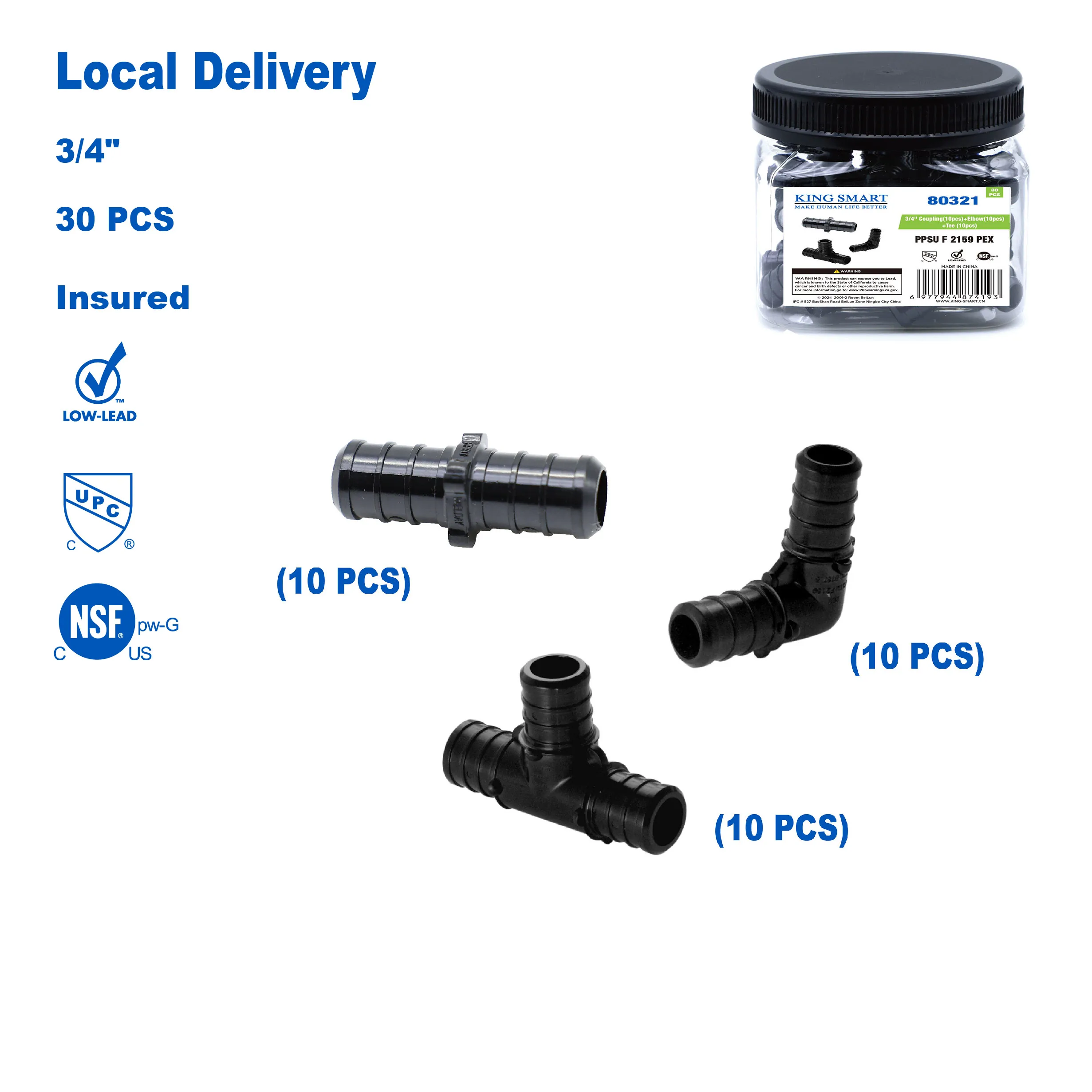 KING SMART Crimp PEX Kit 3/4 Tee (10Pcs), 3/4 Coupling (10Pcs), 3/4 Elbow (10Pcs);  PPSU; 30 Pcs/Case; 80321