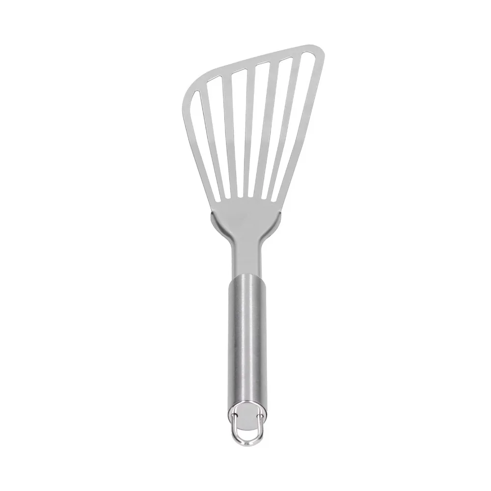 Espátula perforada para pescado, espátula para carne de mango largo pulido y grueso, pala multifuncional hueca en forma de abanico para tortitas y tareas de fritura