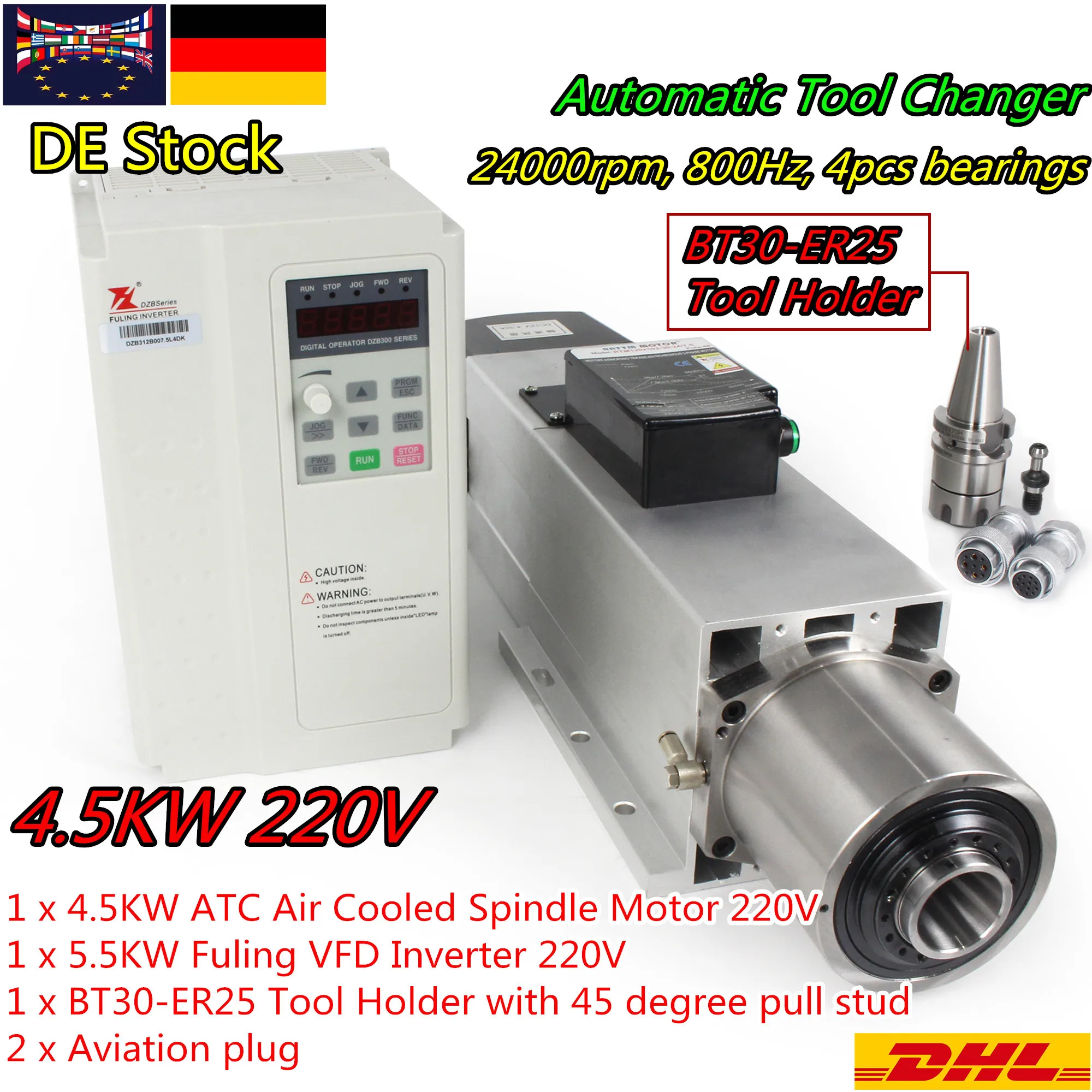 『Stock In US/EU』ATC Spindle Motor BT30 4.5KW Square Air Cooled 220V 380V & 5.5KW FULING Inverter VFD CNC Router Drilling Kit