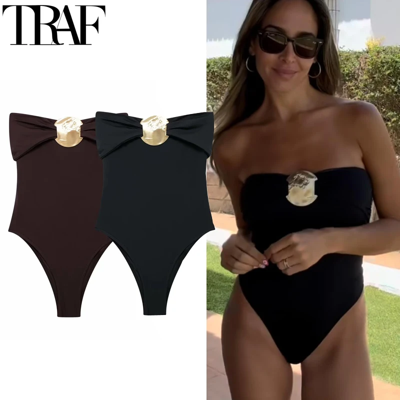 TRAF Sexy Body Woman Off Shoulder Black Bodysuit Women Strapless Bodycon Bodysuit Corset Backless Brown Women Beach Swimsuit