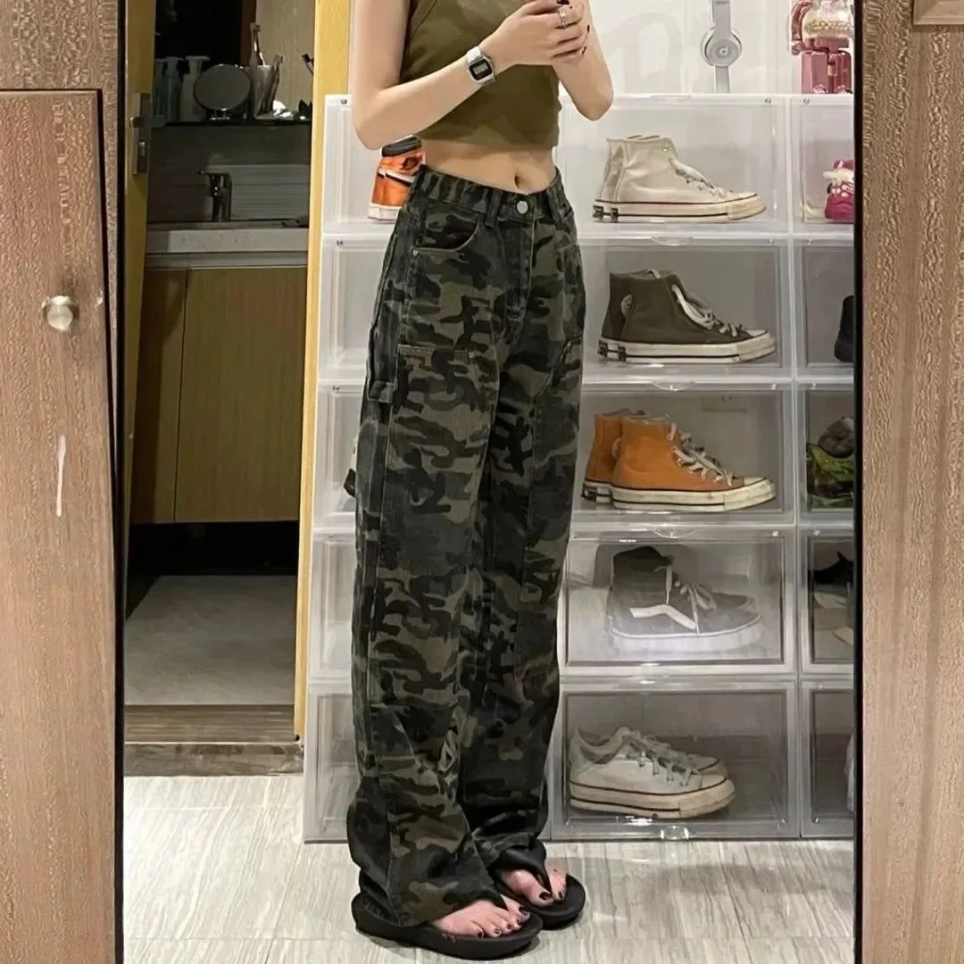Military Green Camouflage Jeans,Women's Summer High Street New Loose Korean Style Loose Tie-dyed Denim Straight Wide-leg Pants