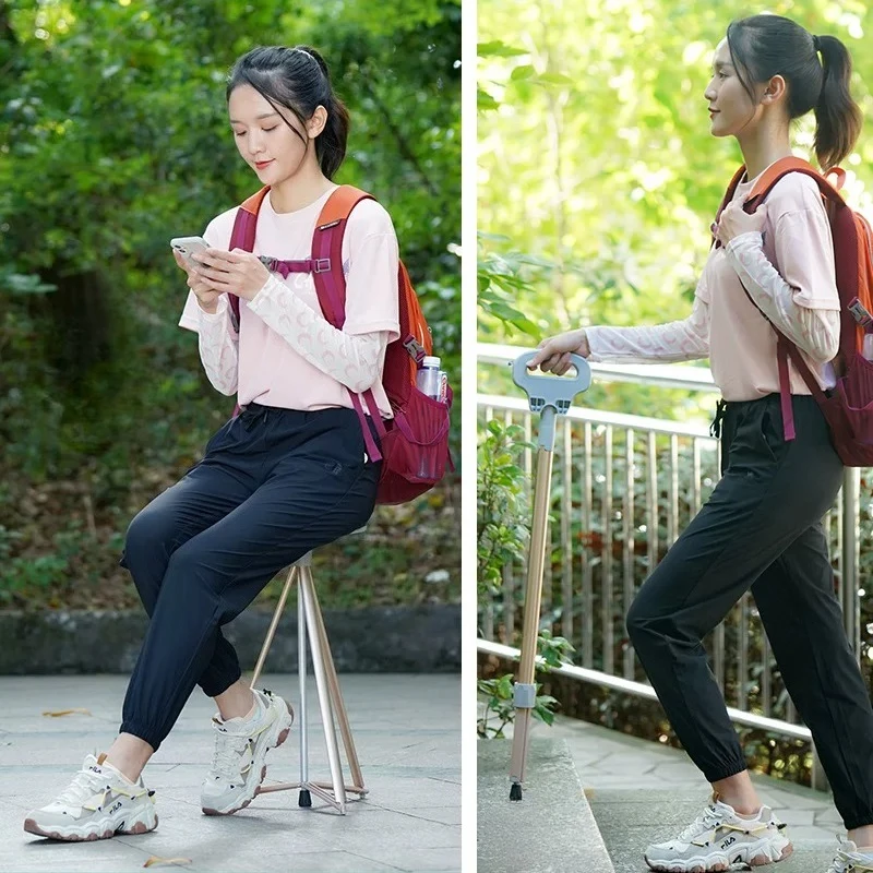 Ultra-Light Foldable Walking Cane with Seat, Anti-Slip Mobility Stick for Elderly, Outdoor Hiking Staff Convertible to Stool