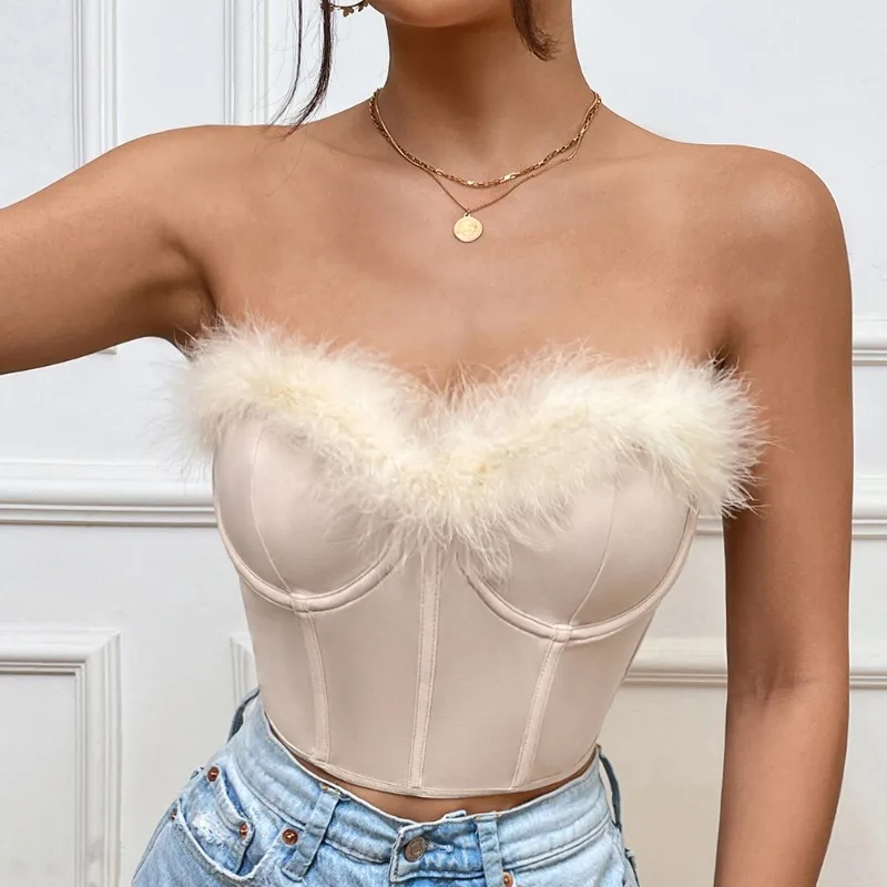 

Line Patchwork Feathers Short Corset Tops Women Sexy Off Shoulder Strapless Backless Sleeveless Solid Skinny Tanks Streetwear