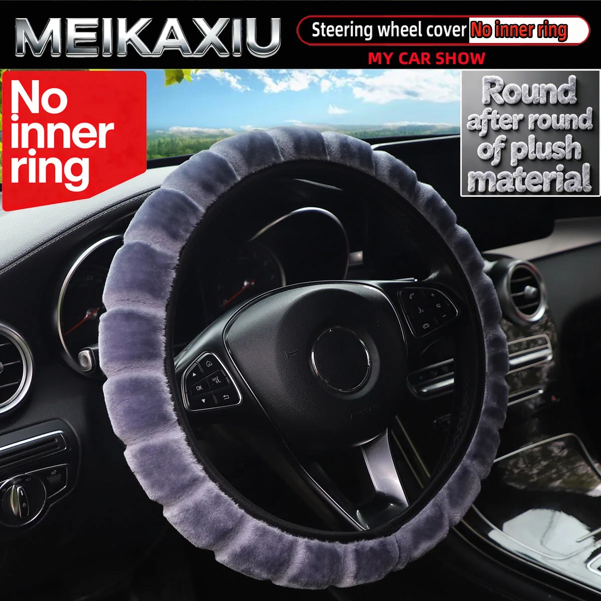 38cm round Plush Car Steering Wheel Cover Bamboo Joint Design Women's Accessory No Inner Ring Required Automotive Decor