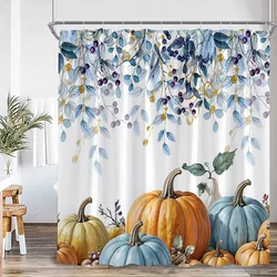 Autumn Pumpkin Shower Curtains Watercolor Blue Leaves Plant Bath Curtain Set Polyester Fabric Home Bathroom Decor with Hooks