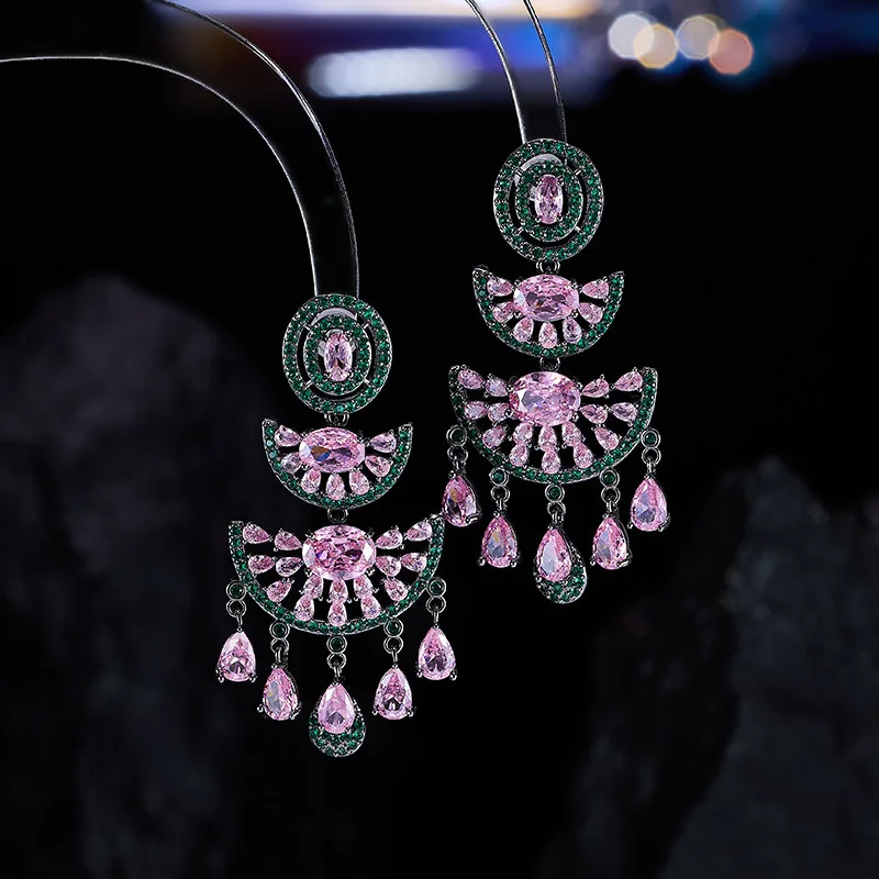 Retro Water Drop Tassel Fan Drop Dangle Earrings Color Gem Zircon Earrings Women Luxury Banquet Evening Dress Ear Ornaments Gift