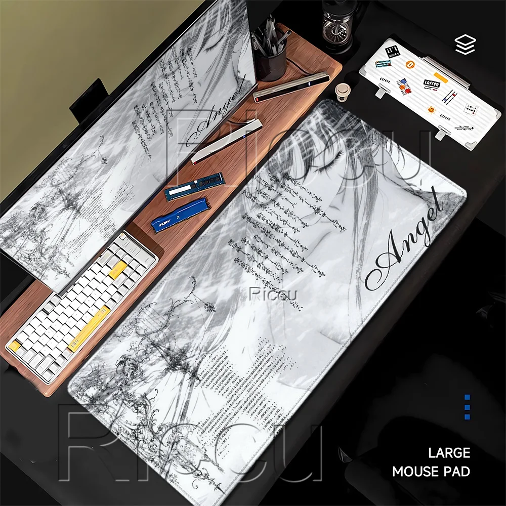 Mousepad Black White Anime Aesthetics Angel Mouse Pad Office 400x900mm PC Gaming Keyboard E-Sports Carpets HD printing Desk Mat