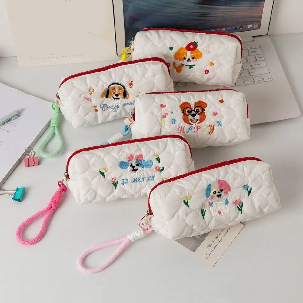 Cartoon Embroidered Dog Dog Pen Bag Ins Style Large Capacity Pencil Pouch With Pendant Rope Puppy Cosmetic Bag Student