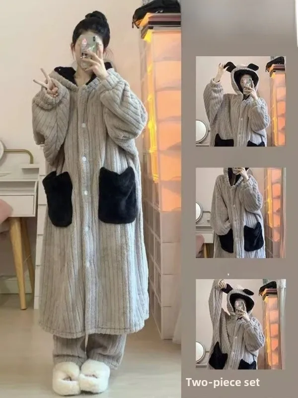 

plus Size Coral Fce Robe Set Men's Women's Autumn Winter Home Clothes Medium Length Outerwear Long Pants Two Piece Set