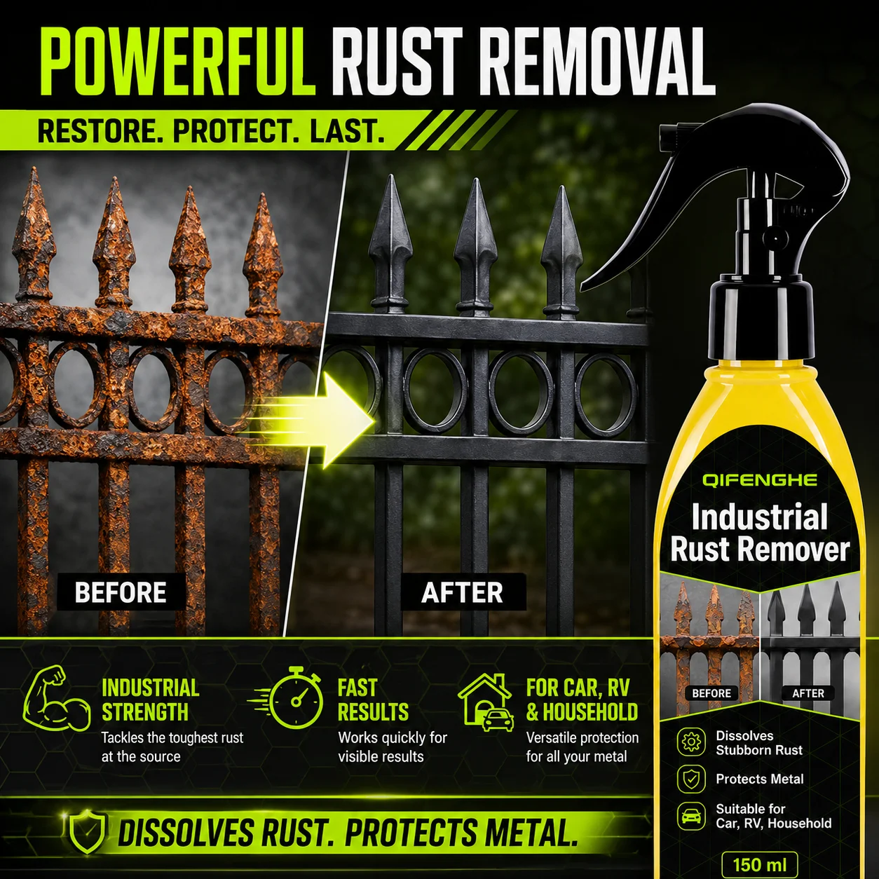 QIFENGHE Rust Remover & Metal Polish Spray, One Step Clean, Lubricate and Anti-Rust for Car Alloy Wheels