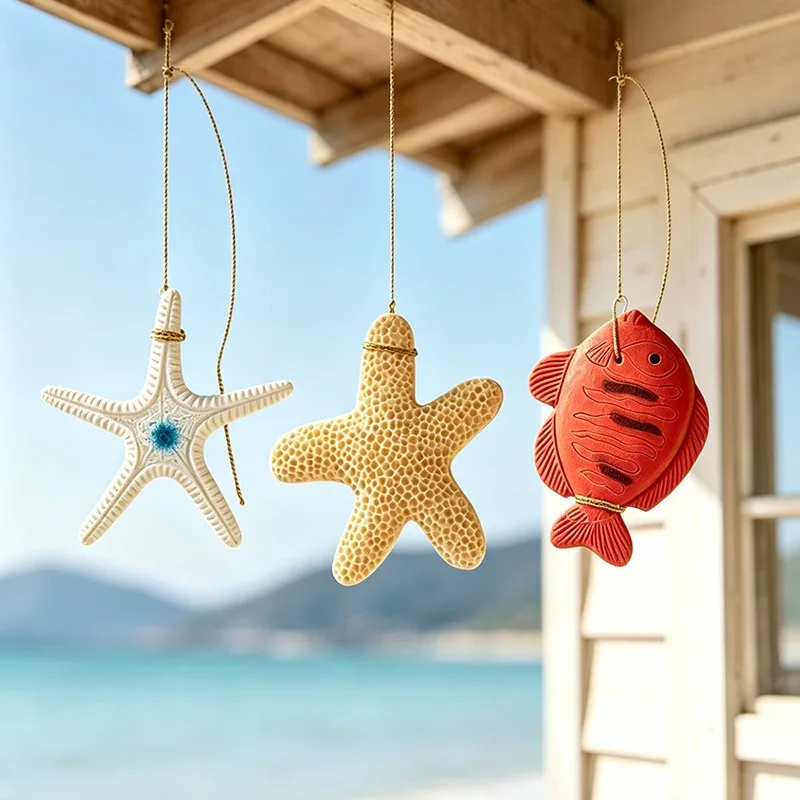 Christmas Handmade Wind Chime Hanging Ornament Resin Starfish Turtle Pendant, Fishing Net Decor Accessories for Home Decoration