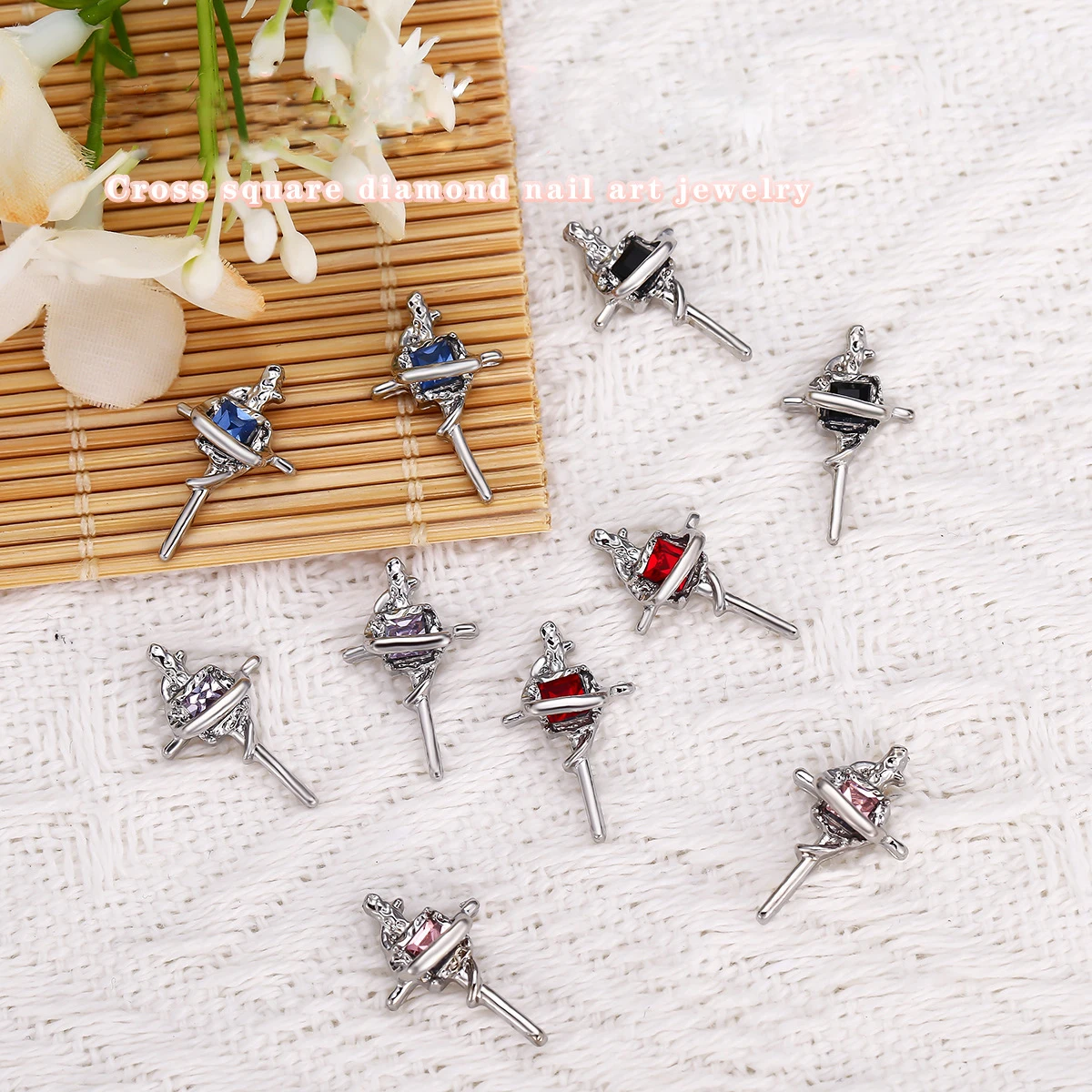 

5Pcs Square Diamond Cross Nail Art Charm Luxurious Silver Crystal Alloy Gem Cross Nail Ornament DIY Exquisite Nail Accessories