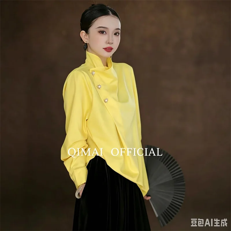 New Fashion Yellow Chic Unique Beautiful Luxury Shirt Senior Sense Blouse Age-reducing Design Sense Niche Loose Pullover Shirt