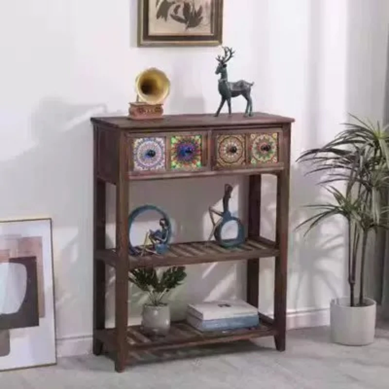 Solid Wood American Vintage Drawer Dresser Hallway Storage Sideboard Balcony Flower Stand Large Capacity Wood Drawer Unit