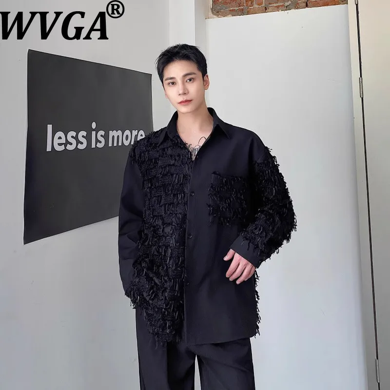 

Мужская рубашка с длинным рукавом, весна-осень, новая коллекция, с бахромой, в стиле нише, шикарная, повседневная, трендовая, с отложным воротником, W18706