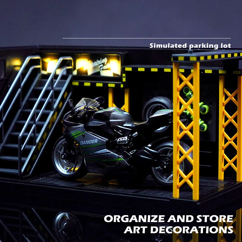 

DIY Simulation Car Garage Display Case Model with LED Light 1:32 Car Parking Space Repair Shop Scene Model Collectible Model