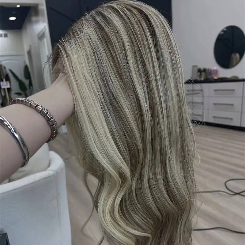 Natural Preplucked Hairline with Baby Hair Glueless Long Wavy Brown and Blonde Synthetic Lace Front Wig High Quality Wig 28 Inch