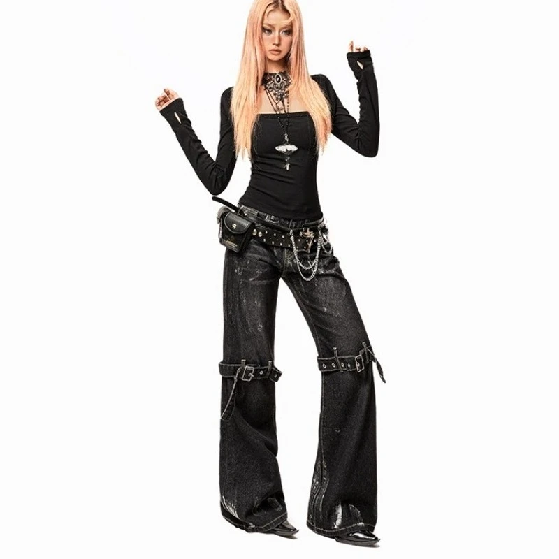 American Retro Design Women's Jeans 2025 Autumn New Subculture Punk Style Sweet Cool Hot Girl Wide-Leg Floor-Length Pants Ladies
