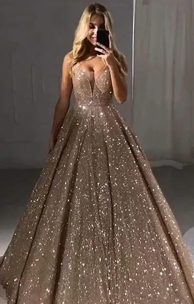 RFYR Tank A Line V Neck Evening Dresses Sequin Prom Dress Gllitter Shining Party Dresses Plus Size vestidos de noche Customized image 3