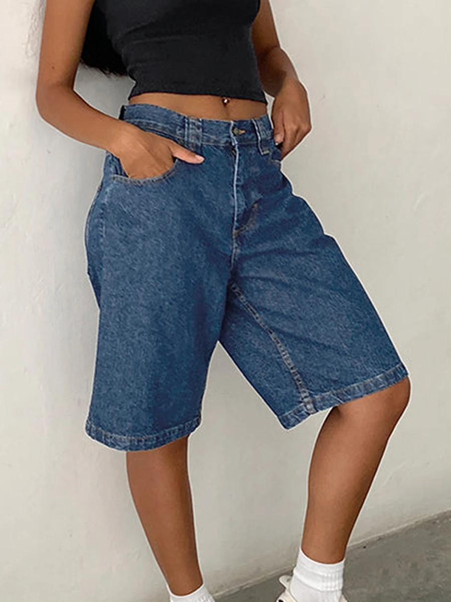 Women s Knee Length Jean Shorts Casual Loose Low Rise Wide Leg Denim Shorts with Pockets for Summer