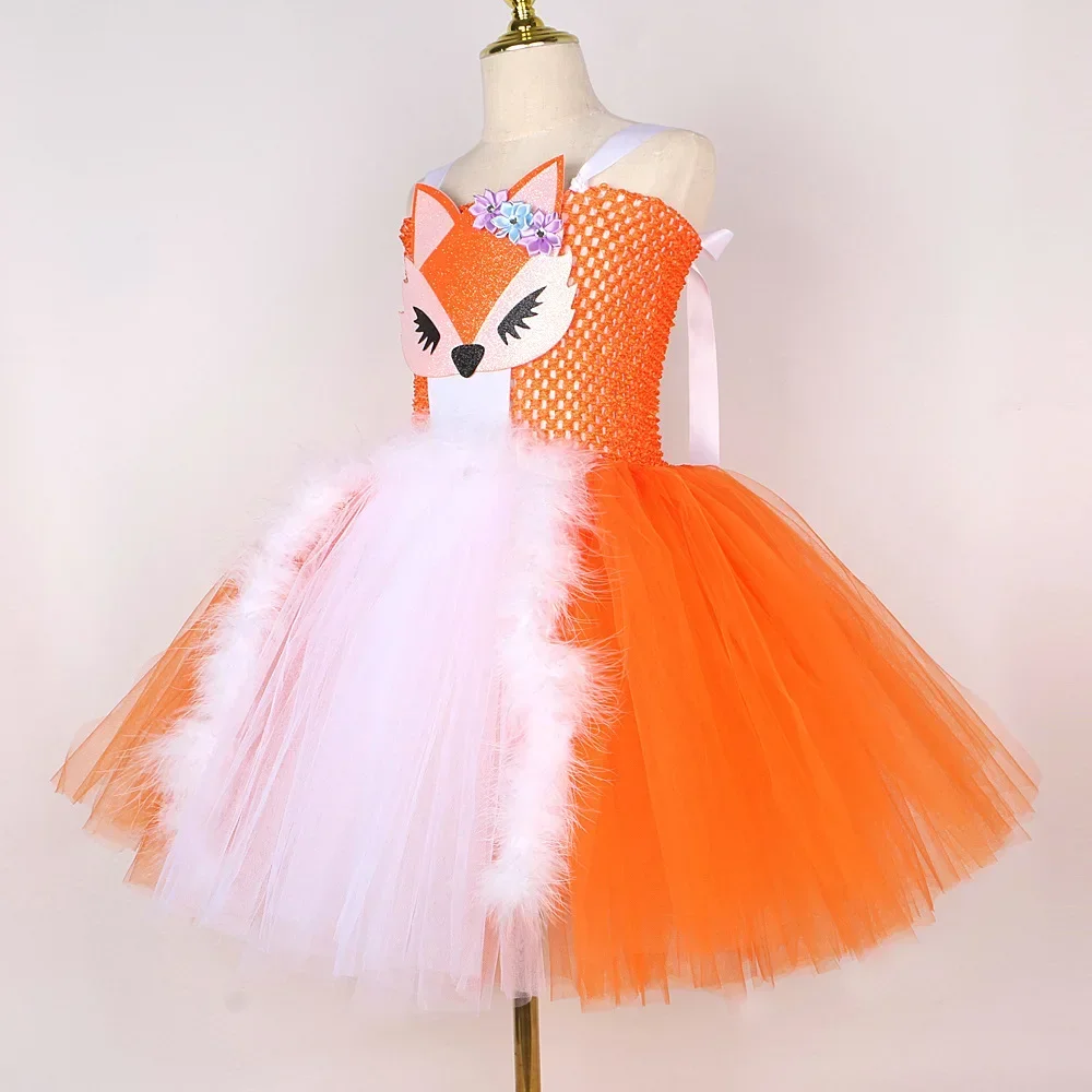 Orange White Fox Tutu Dress for Girls Birthday Party Carnival Fancy Dresses Animal Cosplay Halloween Costume for Kids Clothes