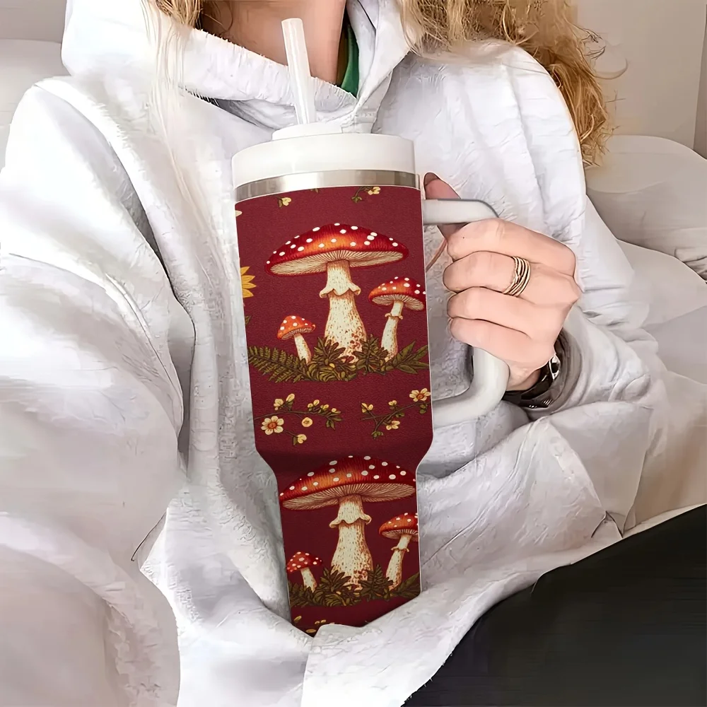Halloween And Christmas 40Oz Insulated Tumbler with Handle And Straw, Retro Red Mushroom Sunflower Fern Print Leakproof Water Cup, Reusable Stainless Steel Travel Mug for Home Office Camping Road Trip Daily Use