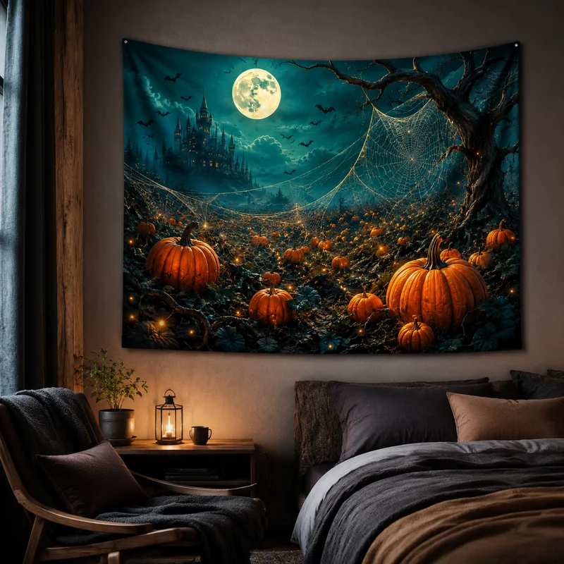 VIKAMA Halloween Haunted Castle Tapestry, Jack-o'-Lantern Wall Hanging, Mysterious and Fantastical Printed Tapestry, Home Decor
