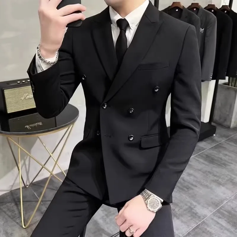 

Autumn Winter Men's Double-breasted Slim Fit Suit Jacket Wedding Best Man Fashion Top Business Casual Standard Youth Style