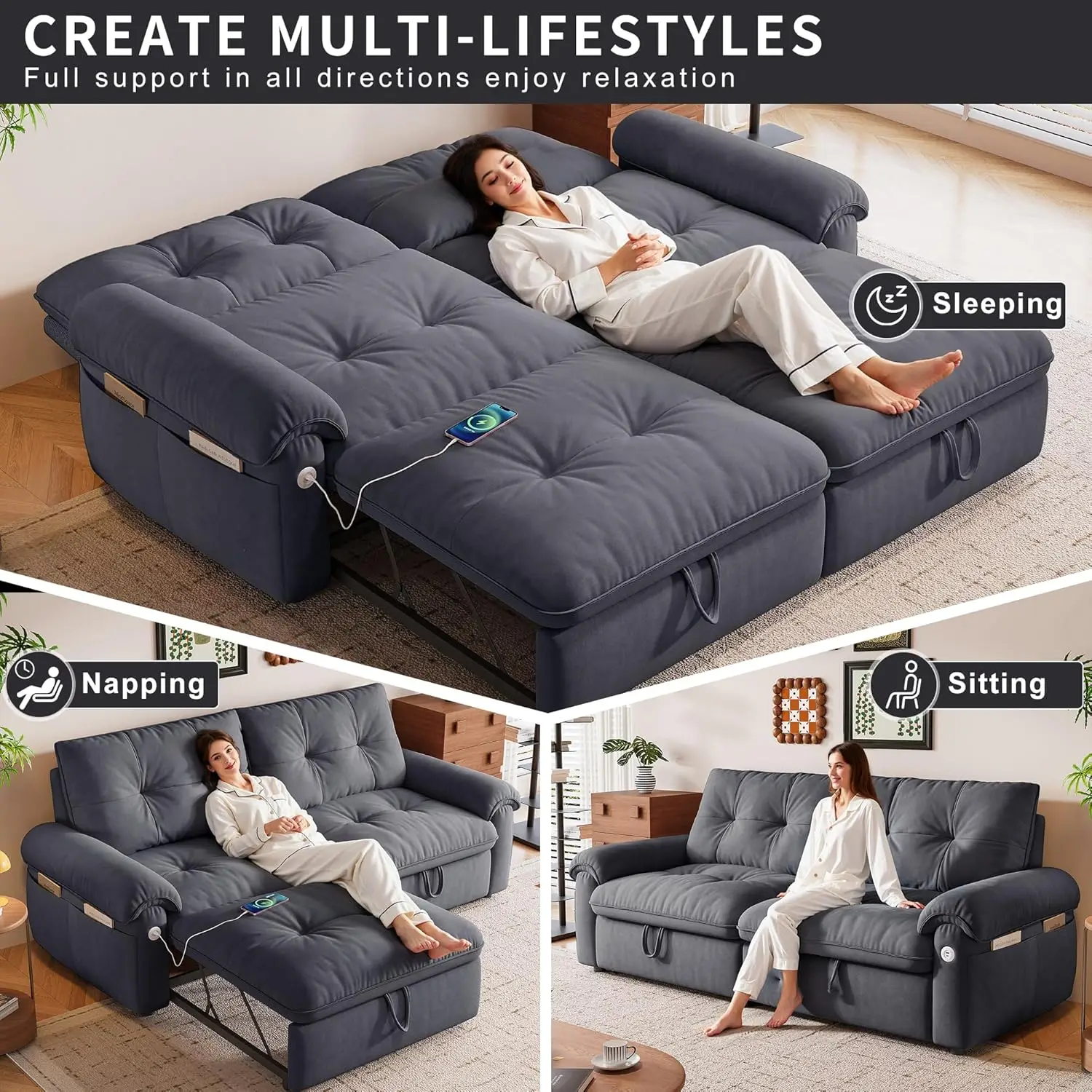 77 Inch Modern 2 Seater Convertible Sleeper Sofa Bed Pull Out Loveseat Sleeper with Side Pockets USB Port for Small Liv